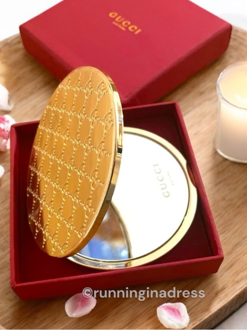 NIB Gucci Parfums Gold Embossed Monogram Compact Double Makeup Pocket Mirror